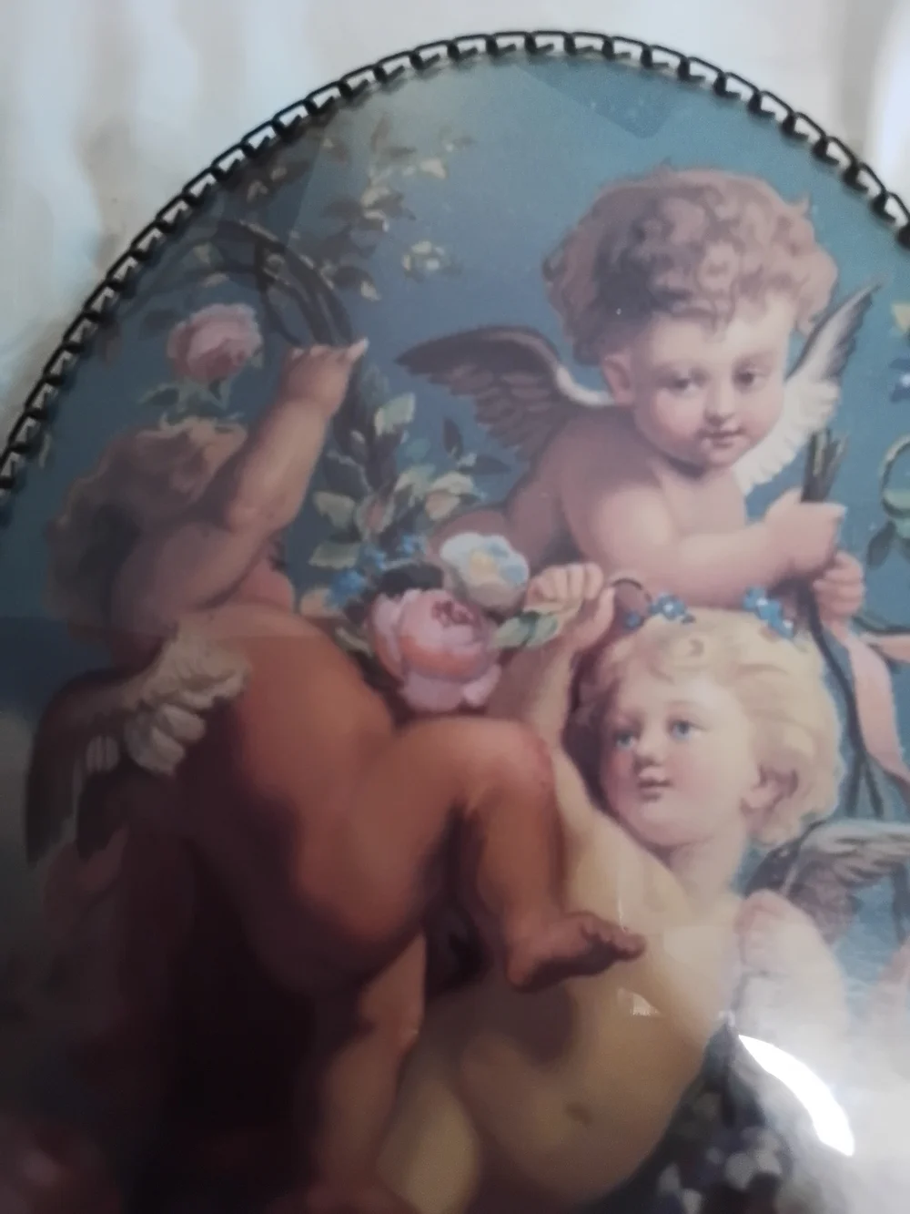 Crescent Cherub Oval Wall Plaque in Blue and Pink